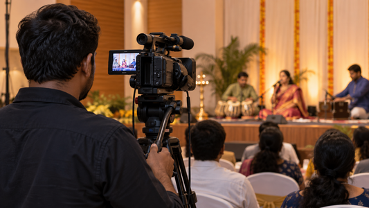 Camcorder on tripod recording a live stage performance in Pune