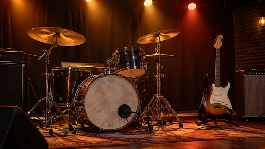 Drum kit with cymbals and an electric guitar on a small club stage