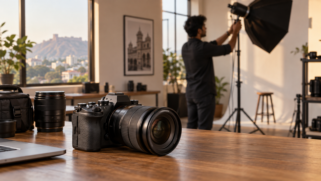 Mirrorless camera and lens on a Pune studio table before a Nikon rental shoot