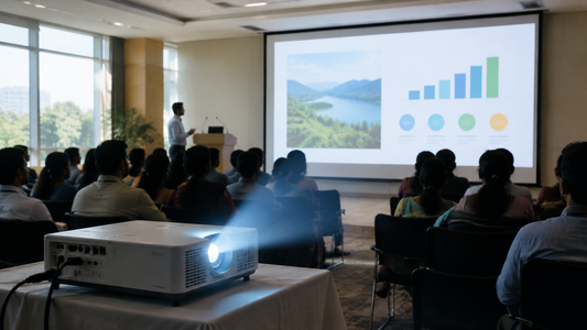 Projector on rent set up in a conference hall with an audience watching a presentation on a large screen
