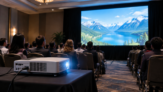 Projector showing a bright image on a large screen in a conference hall
