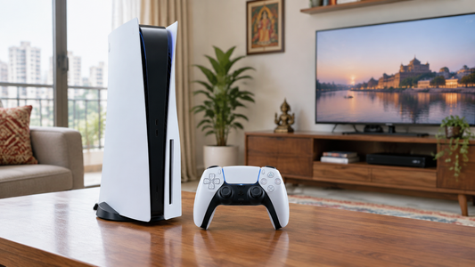PS5 on rent in Pune with DualSense controller in a living room - PlayStation 5 rental from Rentux