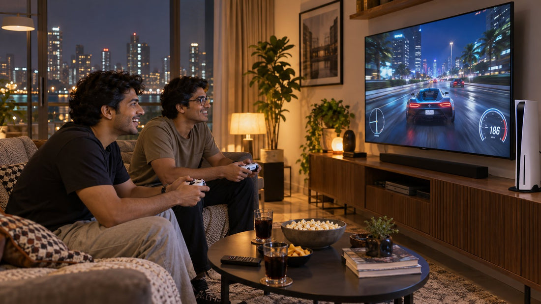 Two friends playing a PS5 on rent in a Mumbai apartment with two controllers
