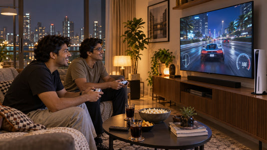 Two friends playing a PS5 on rent in a Mumbai apartment with two controllers
