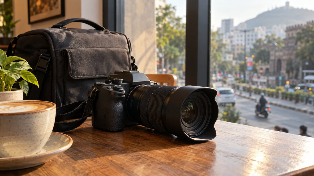 Sony mirrorless camera with zoom lens on a cafe table in Pune, available on rent