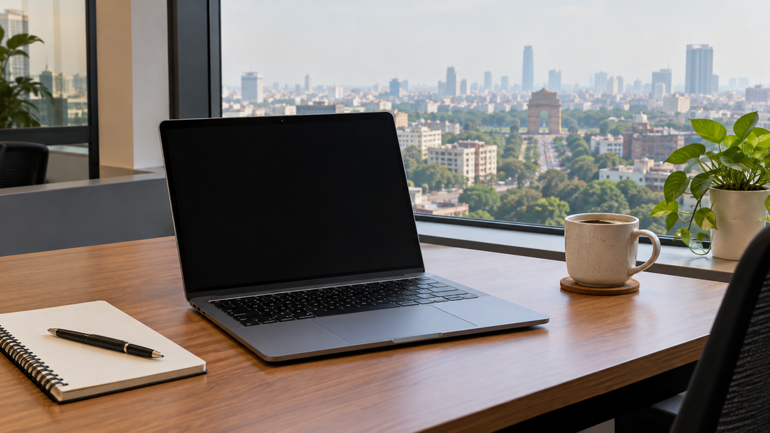 Open laptop on a desk by a window with the Delhi skyline and India Gate in the distance