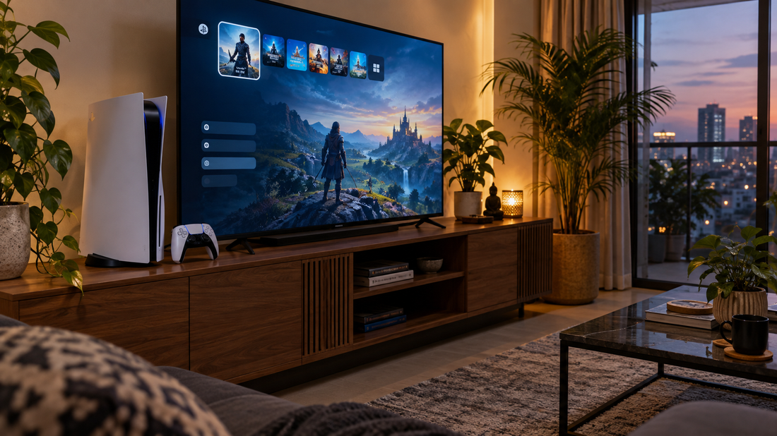 White PlayStation 5 console and controller on a TV unit in a Bengaluru apartment living room at dusk