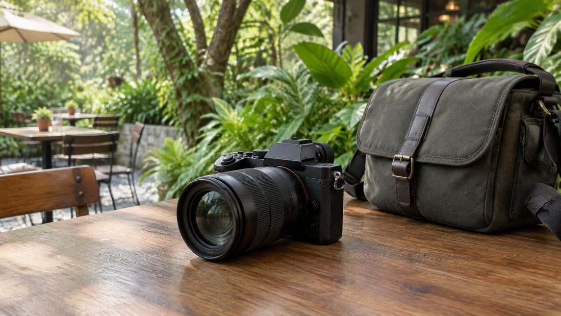 Mirrorless camera with lens and camera bag on a wooden table in a leafy Bengaluru cafe garden