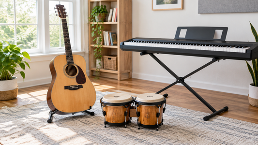 Acoustic guitar, bongo drums and a keyboard in a bright music room