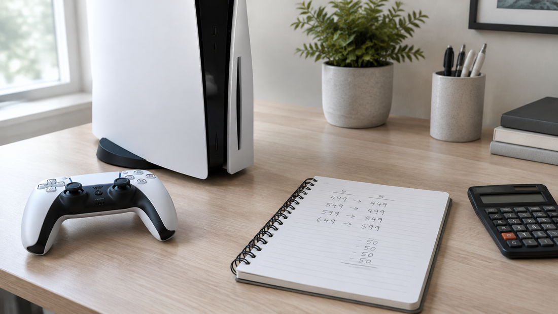PlayStation 5 console and controller on a wooden desk with a plant and calculator
