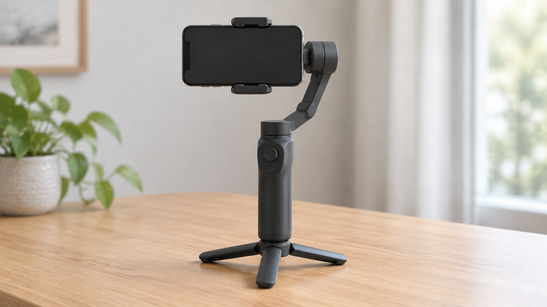 Smartphone on a small gimbal on a table in soft light