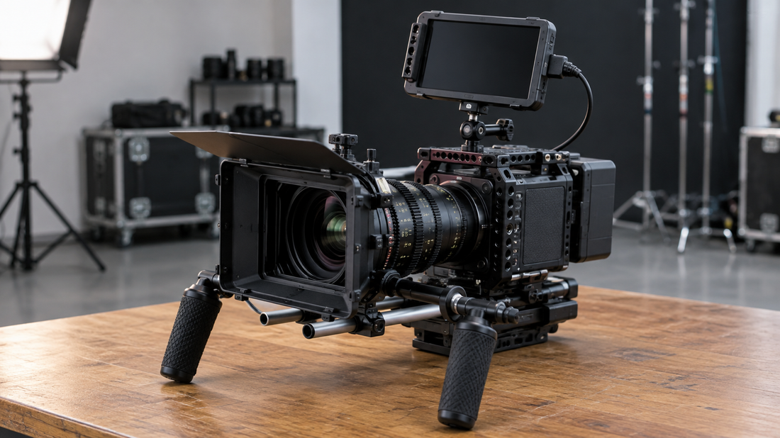 Cinema video camera rig with a monitor on a studio table