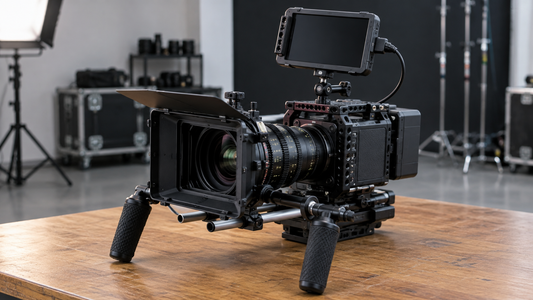 Cinema video camera rig with a monitor on a studio table