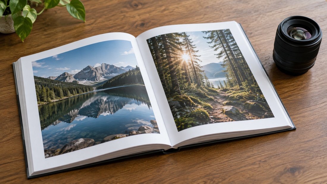 Open photography book beside a camera lens on a table