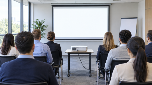Projector on a table in a corporate training room with seated team looking at a bright screen