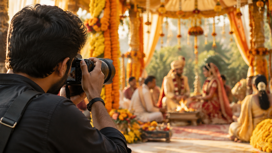 Photographer shooting an Indian wedding ceremony under a marigold mandap with a mirrorless camera