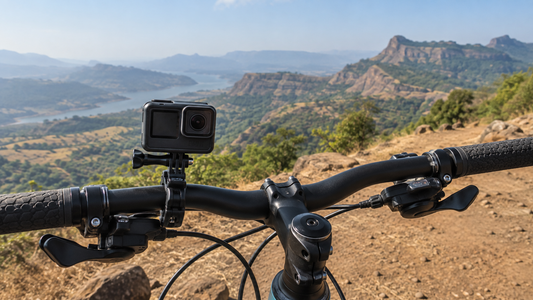 Action camera mounted on bicycle handlebars overlooking the Sahyadri hills near Pune