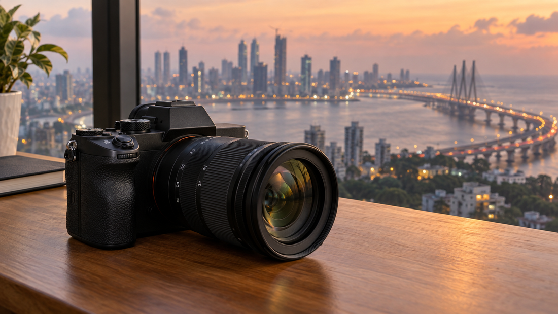 Camera on rent in Mumbai with the Mumbai skyline and Bandra-Worli Sea Link at sunset