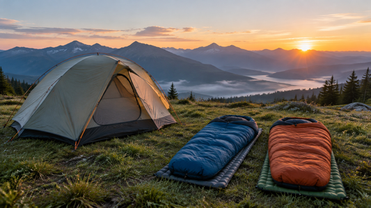 Two person tent with sleeping bags and mats on grass at dawn