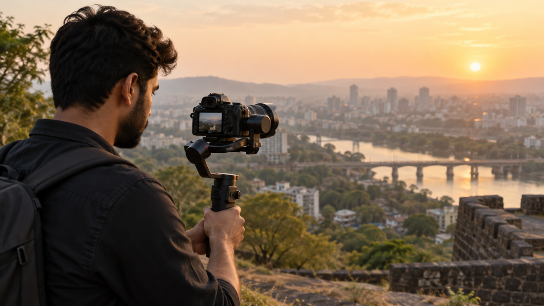 Filmmaker using a camera gimbal on a Pune location shoot at sunset