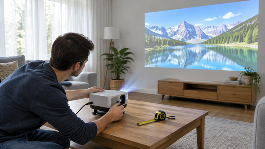 Man adjusting a projector on a coffee table with a tape measure beside it, projecting onto a living room wall