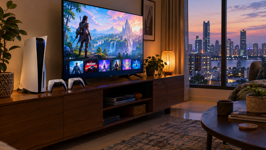 PlayStation 5 console with two controllers on a TV stand in a Mumbai living room