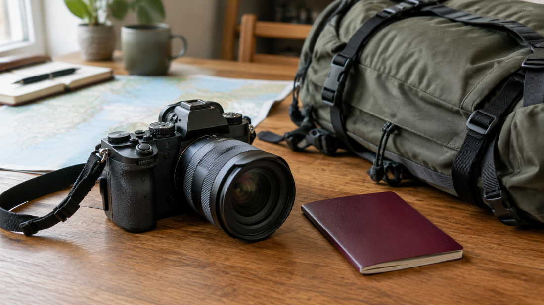 Mirrorless camera with lens next to a travel backpack, map and passport on a wooden table