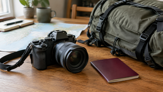 Mirrorless camera with lens next to a travel backpack, map and passport on a wooden table