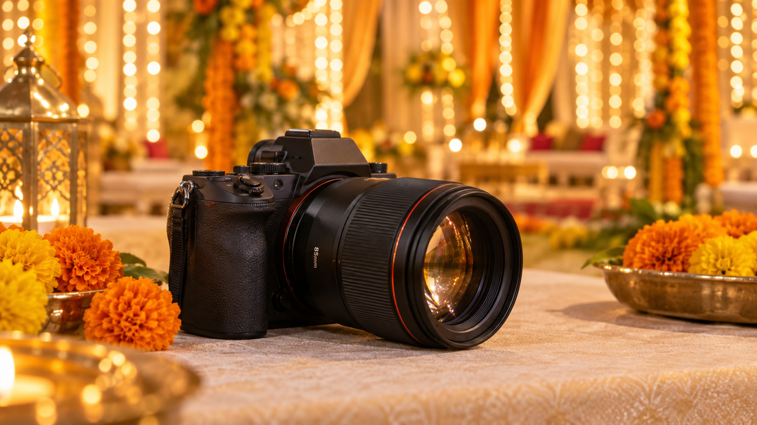 Camera with 85mm lens on rent for wedding and pre-wedding shoots at a decorated Indian wedding venue