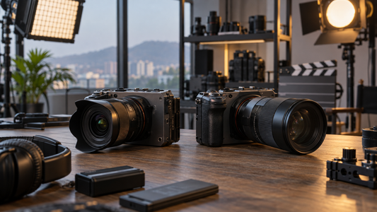 Two compact cinema cameras and lenses in a Pune filmmaking studio