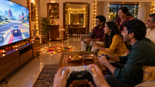 Family playing a console racing game together in a Diwali decorated living room with diyas and rangoli