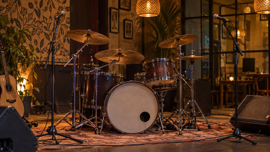 Acoustic drum kit with cymbals set up on a cafe stage in Pune, available on rent
