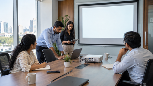 Projector and screen prepared in a Pune office meeting room for a presentation