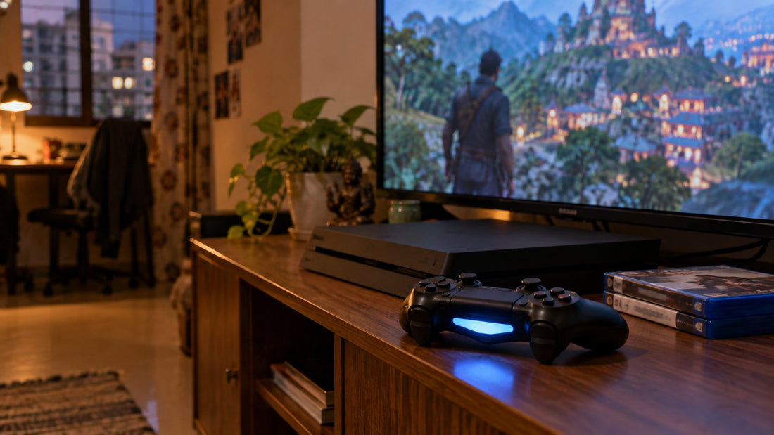PS4 on rent in Pune with DualShock 4 controller and games on a TV cabinet