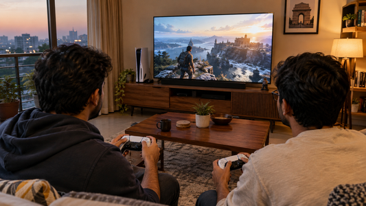 Two friends playing a PlayStation 5 on a big TV in a Delhi apartment