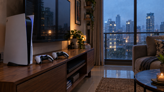 PS5 console and two controllers on a TV unit in a Mumbai apartment on a rainy evening