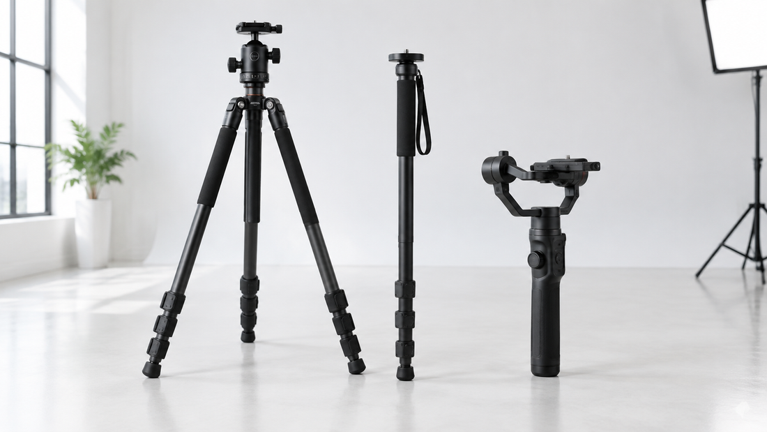Tripod, monopod and handheld camera gimbal standing in a white studio