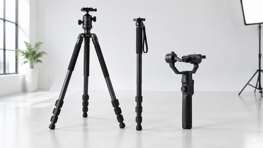 Tripod, monopod and handheld camera gimbal standing in a white studio