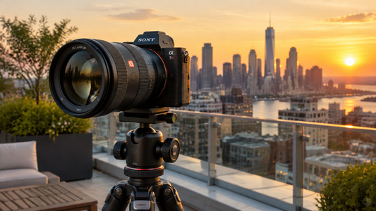 Mirrorless camera with lens on a tripod at golden hour