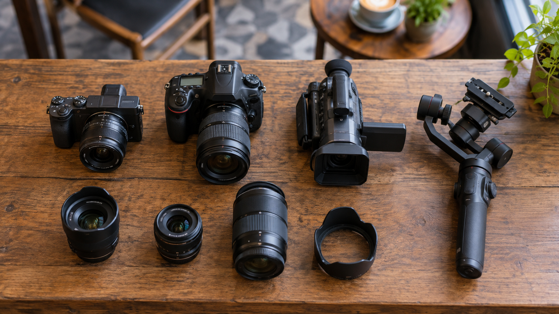 Mirrorless camera, DSLR, camcorder and gimbal laid out on a wooden table