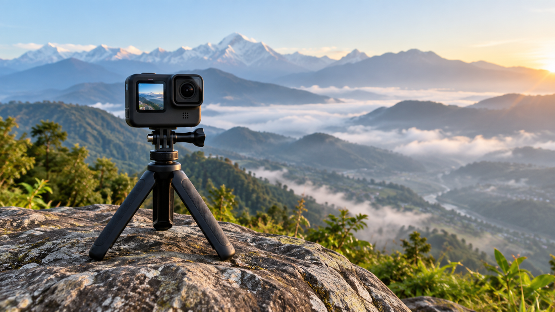 GoPro action camera on rent for trips, mounted on a mini tripod at a mountain viewpoint in India