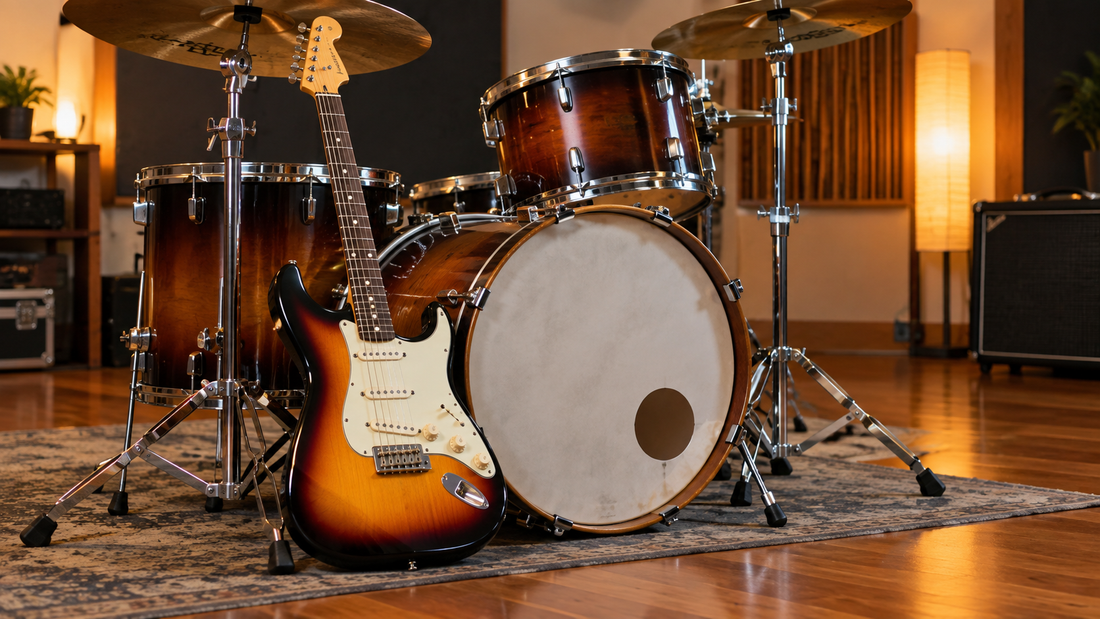 Musical instruments on rent in Pune - drum kit and electric guitar