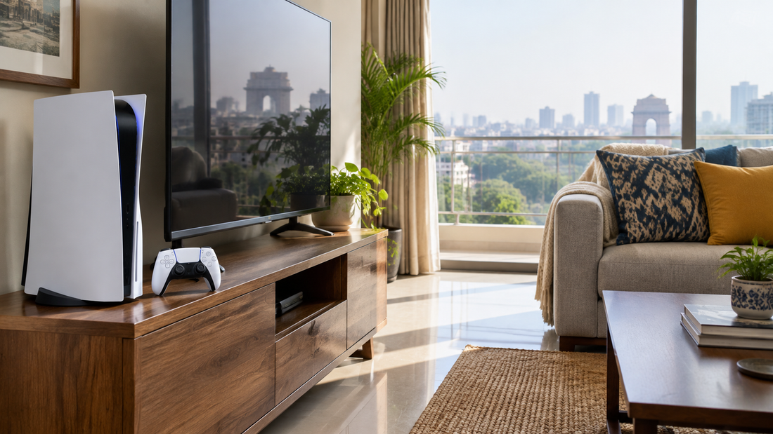 White PS5 console and controller on a wooden TV stand in a Delhi apartment living room