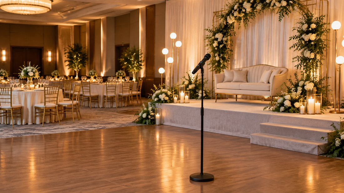 Wedding hall with warm LED lights on stands and a microphone near a decorated stage
