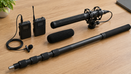 Wireless lavalier mic kit, shotgun microphone and boom pole on a wooden desk