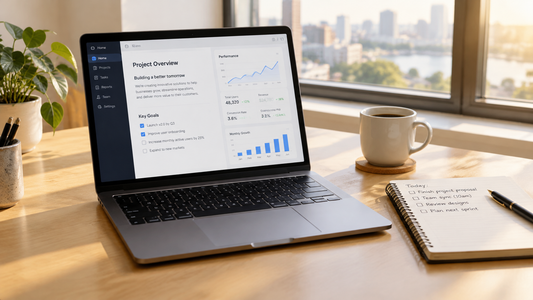 Open laptop on a desk with a notebook and coffee cup
