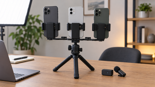 Smartphones on a small tripod rig with a wireless microphone on a desk