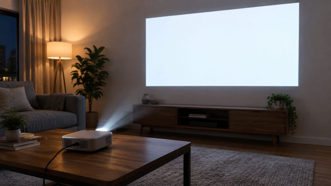 Portable projector on a coffee table projecting a bright picture on a living room wall