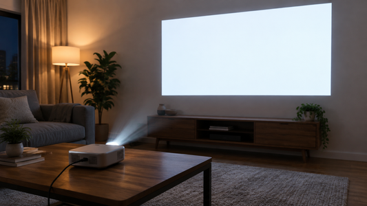 Portable projector on a coffee table projecting a bright picture on a living room wall