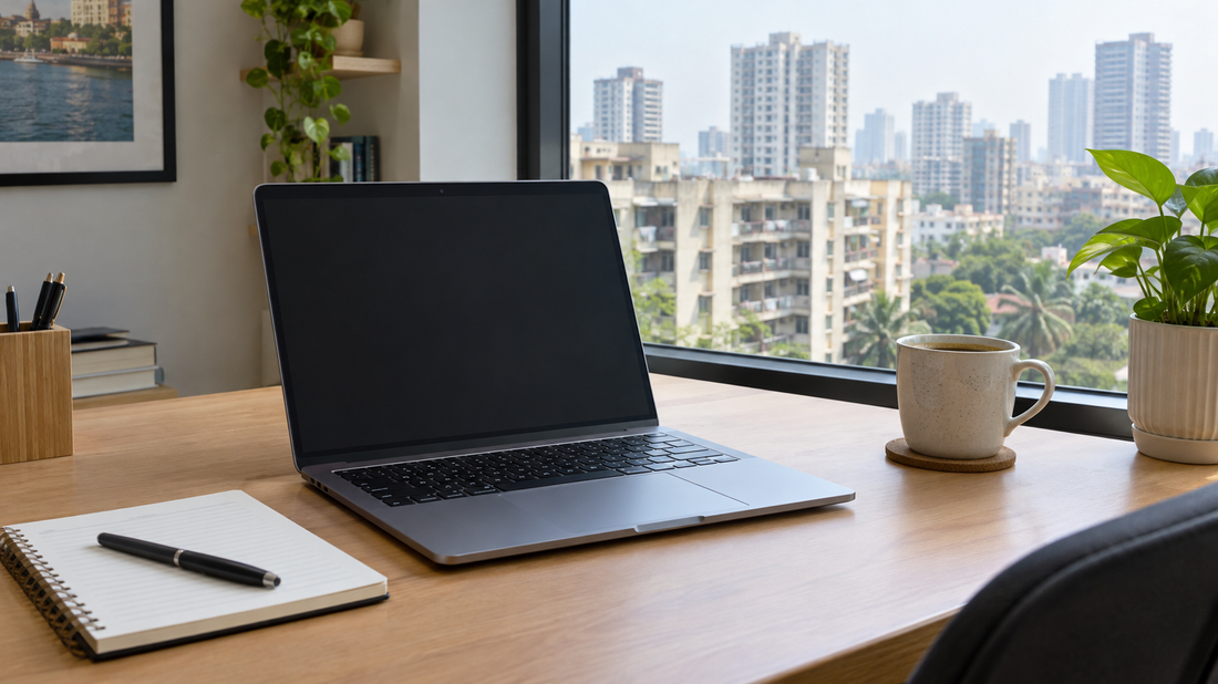 Open laptop on a desk by a window overlooking Mumbai apartment buildings with a notebook and coffee